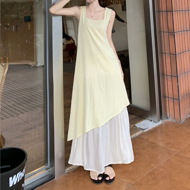 Sleeveless Square Neck Asymmetrical Paneled Midi A-Line Dress