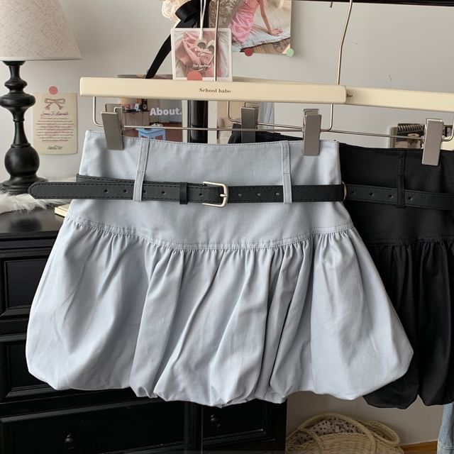 Set: High Rise Plain Bubble Hem Mini A-Line Skirt + Belt