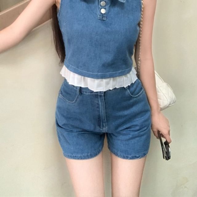 Collar Henley Frill Trim Denim Crop Tank Top / High Waist Denim Shorts