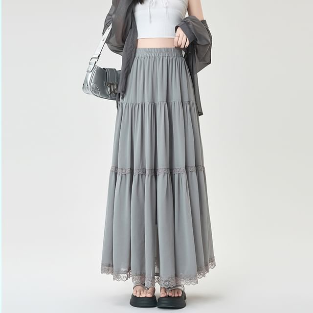 Elastic Waist Plain Tiered Lace Trim Midi A-Line Skirt