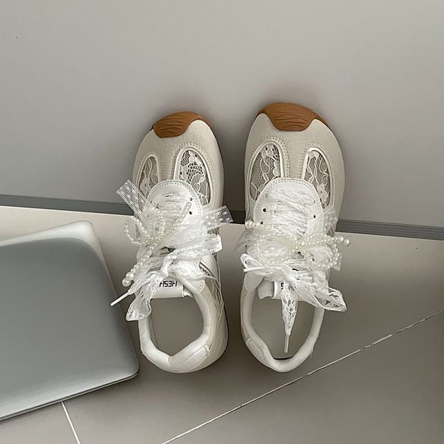 Hidden Wedge Lace Panel Lace-Up Faux Leather Sneakers