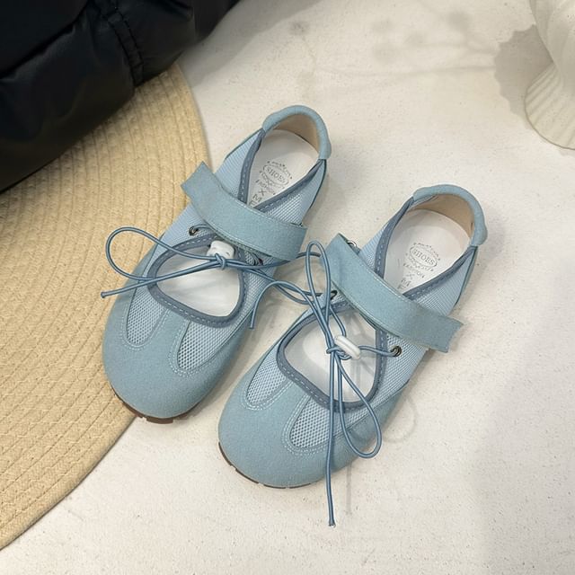 Adhesive Strap Mesh Panel Faux Leather Mary Jane Shoes