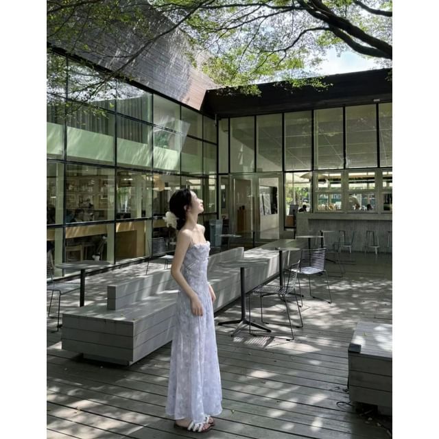 A-Line Mesh Spaghetti Floral Maxi Print Strap Dress