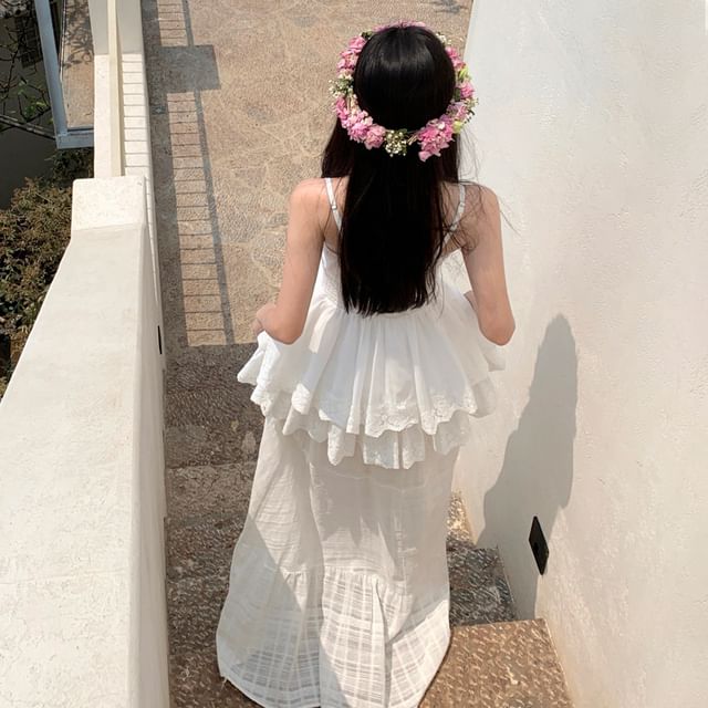 Maxi Cami Plain Top Waist Button / High Applique Skirt A-Line Floral Peplum