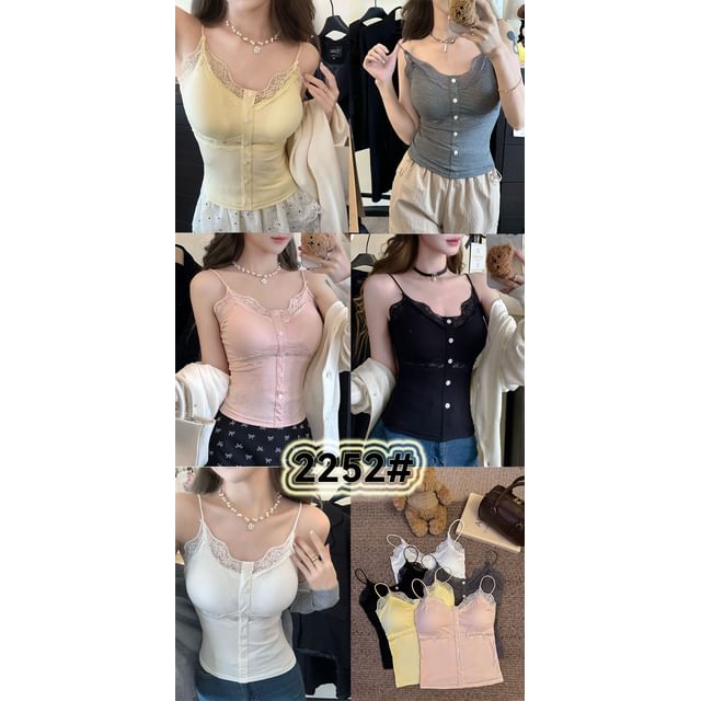 Trim Top Padded Fit Plain Button Lace Camisole Slim