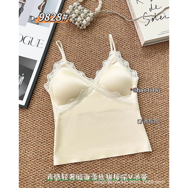 Plain Padded Fit Cami Slim Lace Top Trim