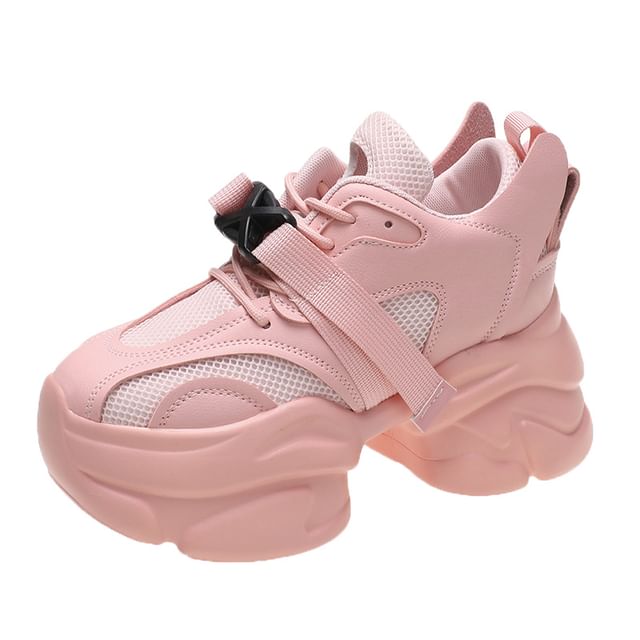 Platform Buckled Lace-Up Mesh Sneakers