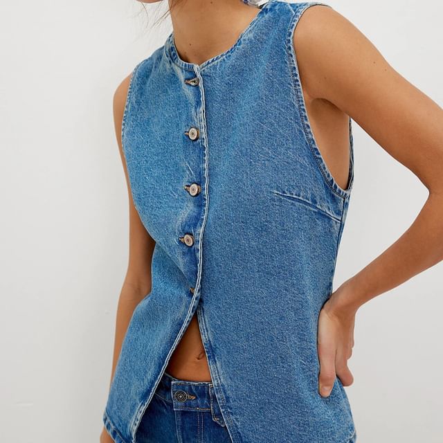 Washed Button-Up Slim-Fit Denim Tank Top