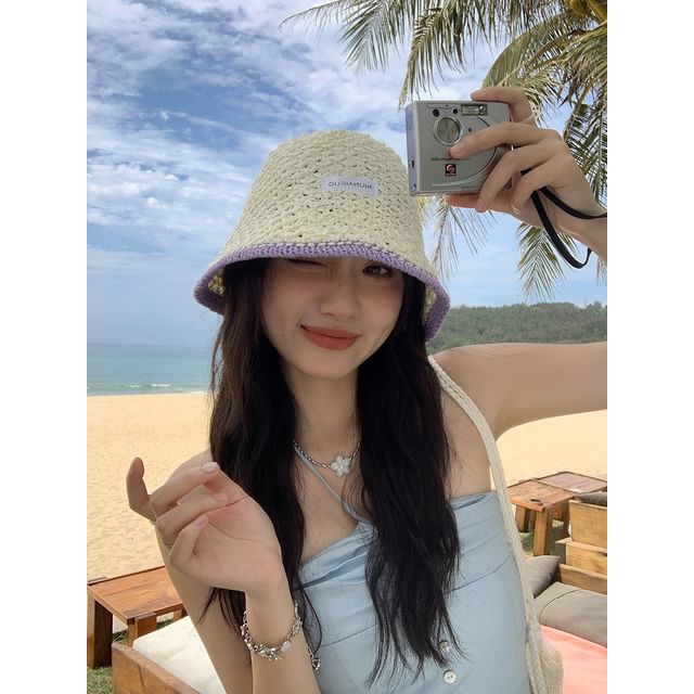 Lettering Applique Contrast Trim Knit Bucket Hat