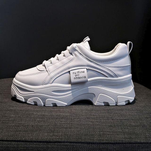 Platform Lace-Up Plain Faux Leather Sneakers