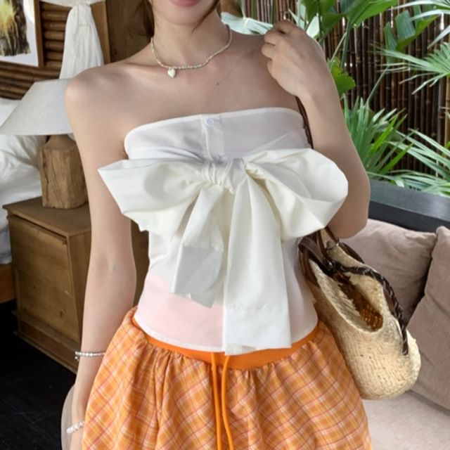 Plain Bow Tube Top / Drawstring Waist Plaid Mini A-Line Balloon Skirt