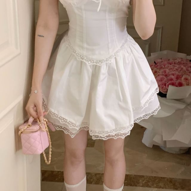 Cap Sleeve Square Neck Plain Bow Ruffle Lace Trim Blouse / High Waist Mini A-Line Skirt