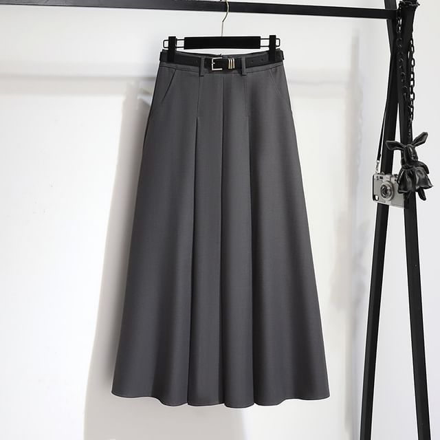 High-Waist Solid Long Flared Skirt
