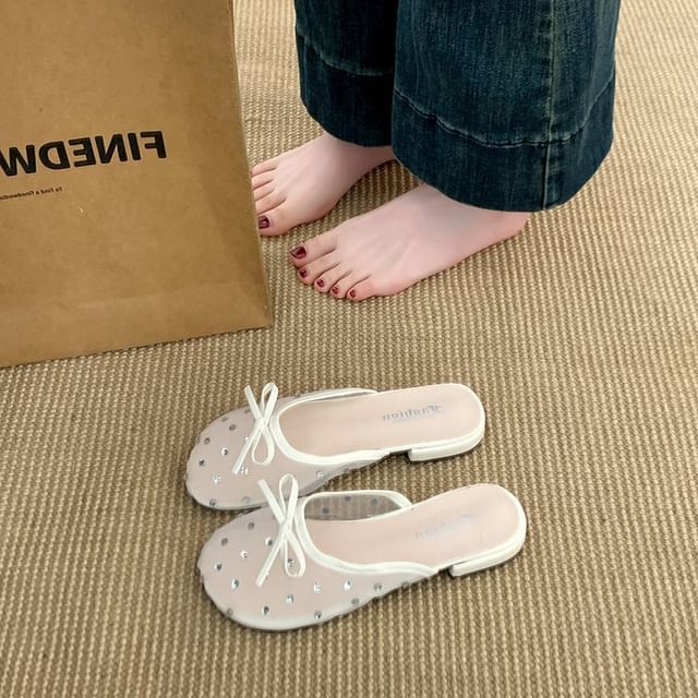 Mules Bow Mesh Rhinestone