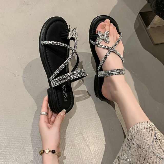 Butterfly Criss Cross Toe Rhinestone Sandals Slide Loop