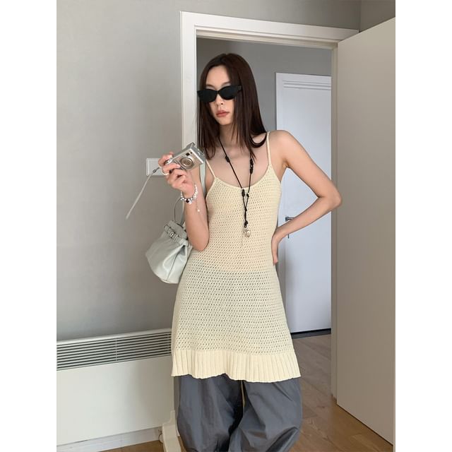 Spaghetti Strap Plain Pointelle Mini Sheath Knit Dress