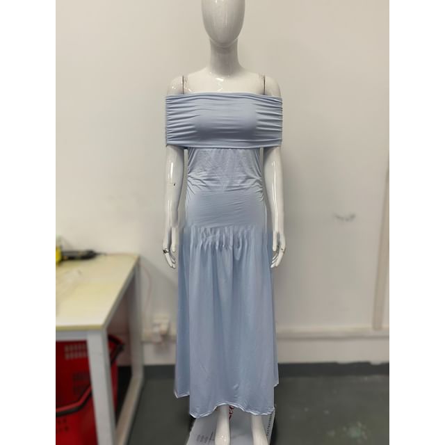 Ruched Off-Shoulder Solid A-Line Maxi Dress
