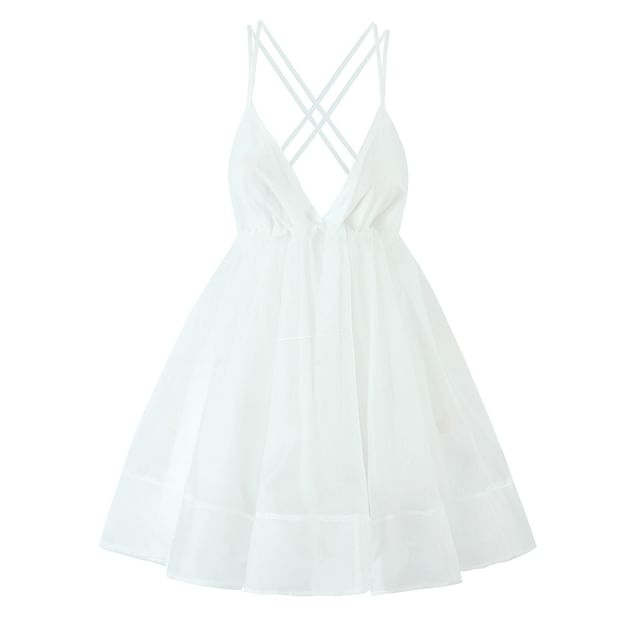 Spaghetti Strap V-Neck Plain Mini A-Line Dress
