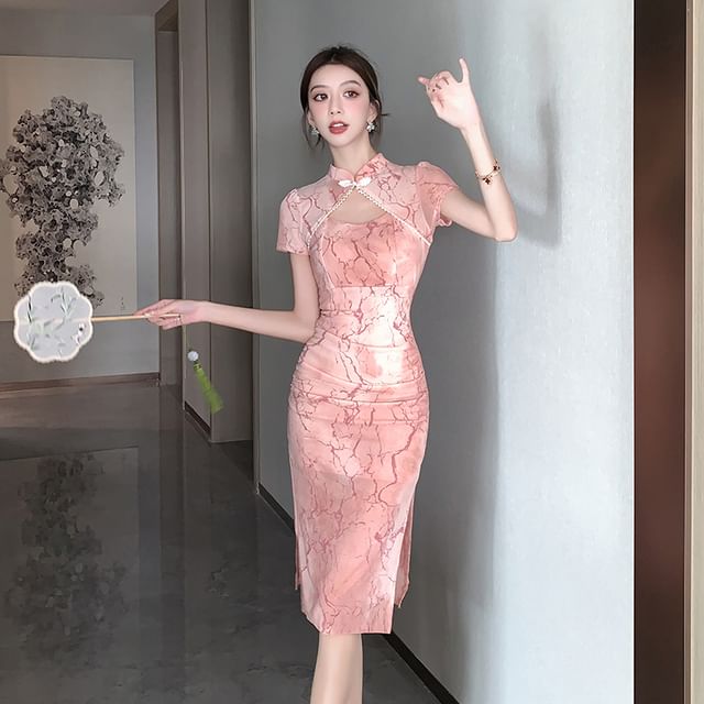 Short-Sleeve Print Cutout Slit Faux Pearl Midi Qipao