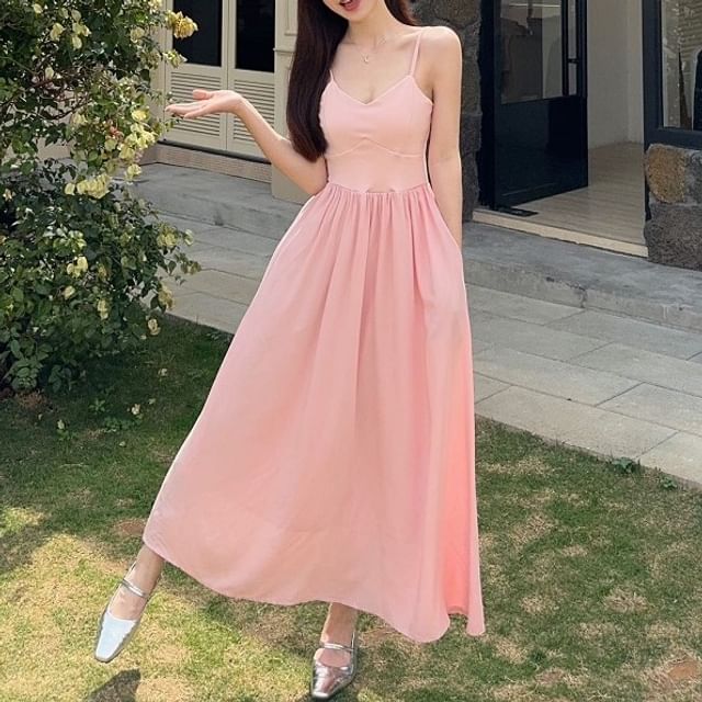 Spaghetti Strap V-Neck Plain Maxi A-Line Dress