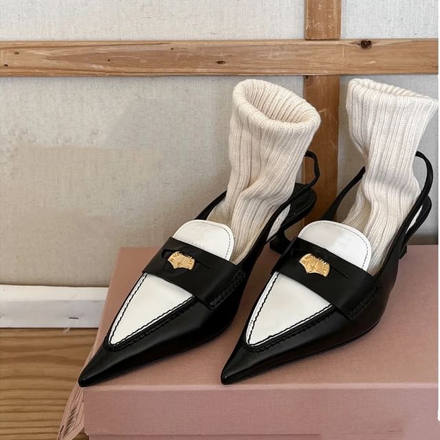 Pointed Kitten Heel Slingback Penny Loafers