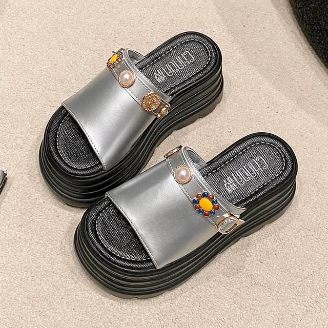 Platform Faux Pearl Slide Sandals