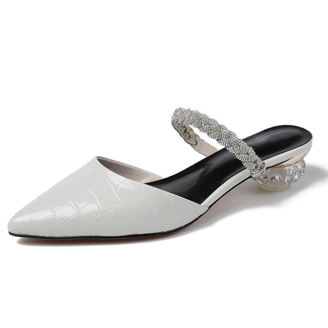 Pointed Rhinestone Low Heel Mules