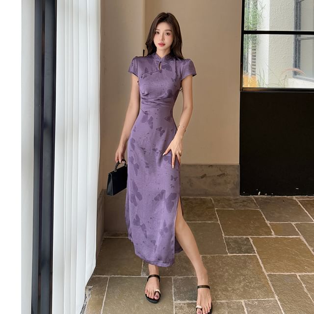 Cap Sleeve Butterfly Print Midi Sheath Qipao