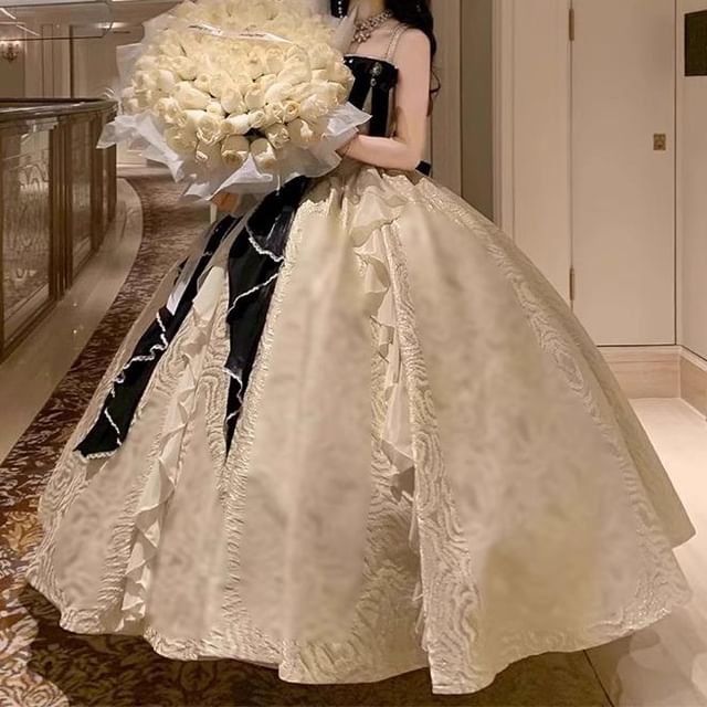 Faux Pearl / Evening Gown Spaghetti A-Line Bow Set Skirt Ruffle Trim Strap Petticoat