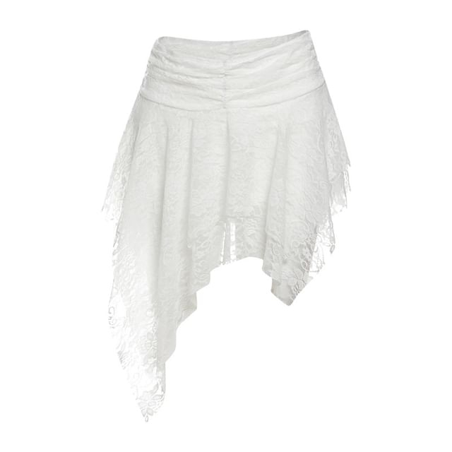 Off Shoulder Lace See-Through Crop Top with Low Waist Asymmetric Hem Mini Skirt