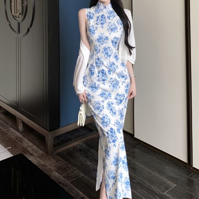 Sleeveless Floral Slit Maxi Qipao / Plain Cardigan