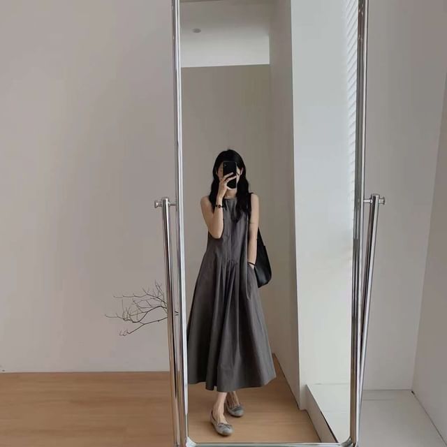 A-Line Neck Sleeveless Crew Dress Midi Plain Pleated