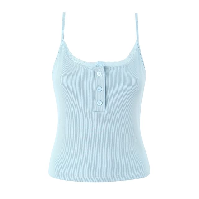 Henley Ribbed Lace-Trim Slim Camisole Top