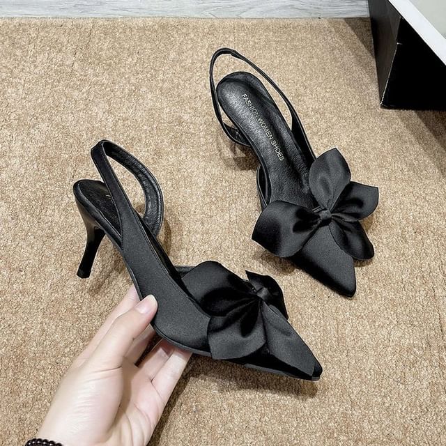 Bow Pumps Satin Slingback Pointed Toe