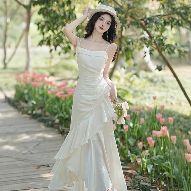 Spaghetti Strap Plain Asymmetrical Flower Accent Ruched Maxi Mermaid Dress / 3/4-Sleeve Fringed Open Front Light Jacket / Set