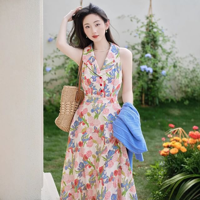 Halter Neck Collared Floral Print Midi A-Line Dress / V-Neck Button-Up Plain Cardigan / Set