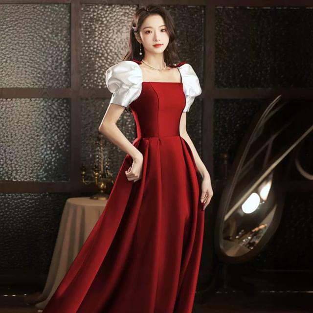 Puff Sleeve Square Neck Two Tone Bow A-Line Evening Dress