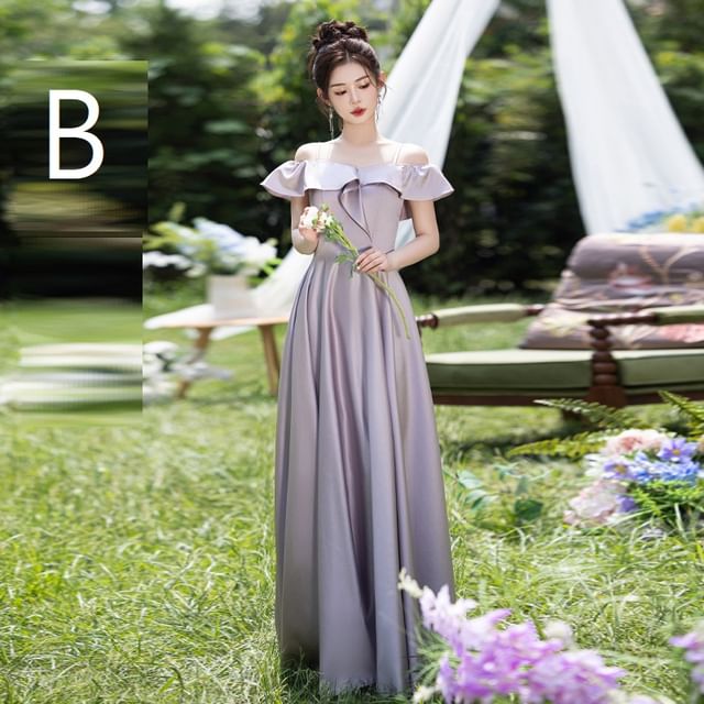 Short Sleeve Plain Maxi A-Line Bridesmaid Dress