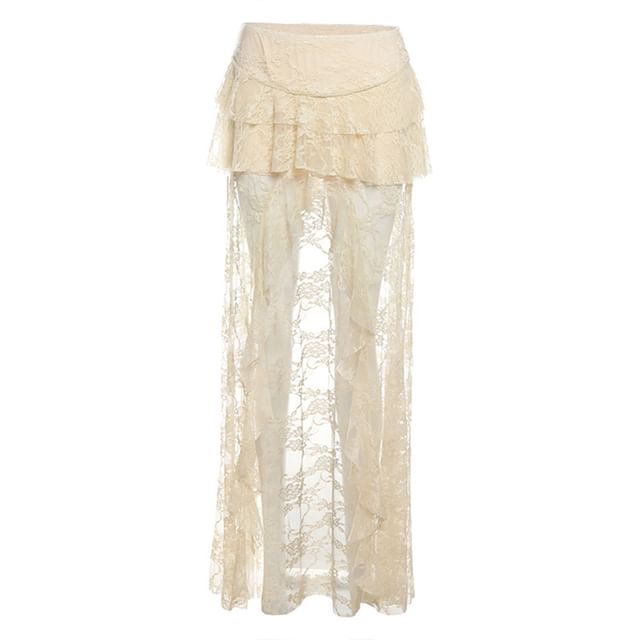 Mid Rise Tiered Asymmetrical Slit Lace Maxi Skirt with Halter Fringed Button Crop Tank Top