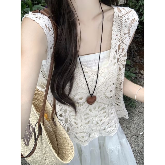 Midi A-Line Dress with Spaghetti Straps and Lace Trim