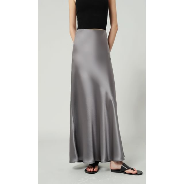 High Waist Plain Satin Maxi A-Line Skirt