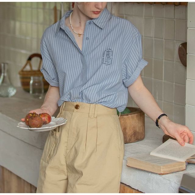 Elbow-Sleeve Button-Up Blouse Collared Embroidered Striped