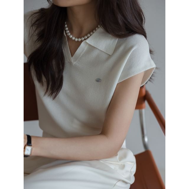 V-Neck Top Knit Plain Cap-Sleeve Crop Collared