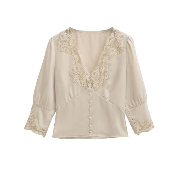 Elbow-Sleeve V-Neck Lace-Trim Blouse