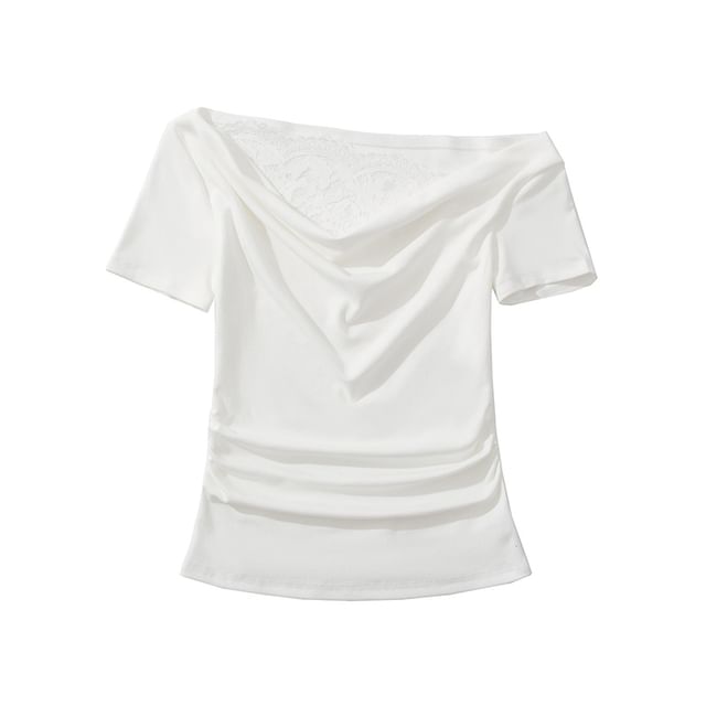 Off-Shoulder Cowl Neck Lace Panel Slim Tee