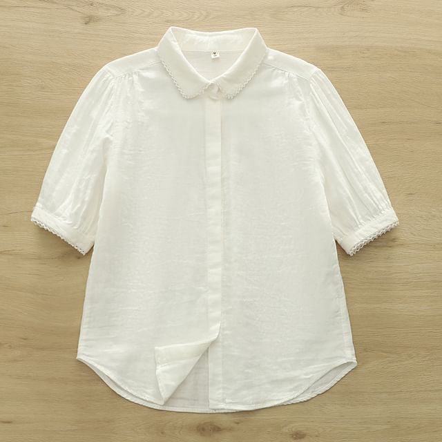 3/4-Sleeve Collared Lace-Trim Button-Up Shirt