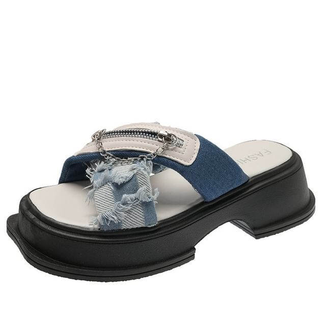 Detail Sandals Chunky Strap Cross Chain Zipped Slide Platform Heel