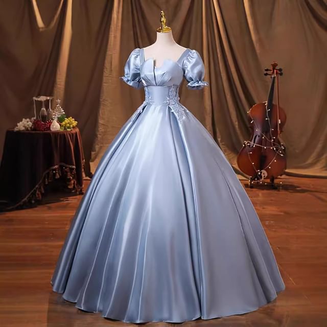 Short-Sleeve Ball Evening Neck Plain Gown Square Embroidered