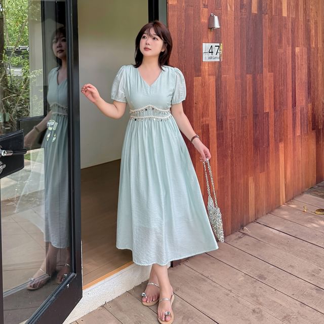 Short Sleeve V-Neck Sequin Midi A-Line Dress