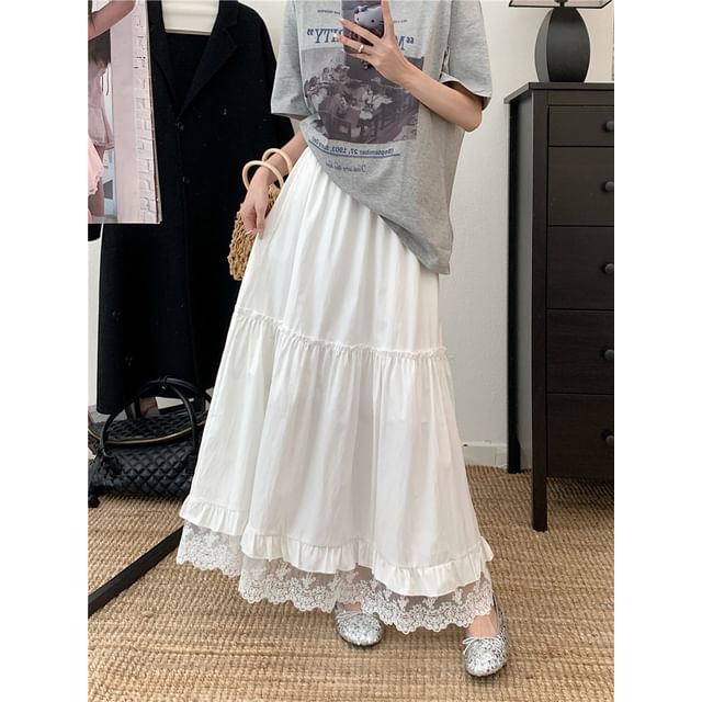 Lace-Trimmed High Rise Flared Midi Skirt with Frilled Hem